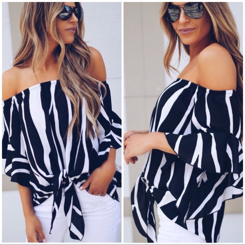 RESTOCK‼️BLACK White strip off shoulder - Top